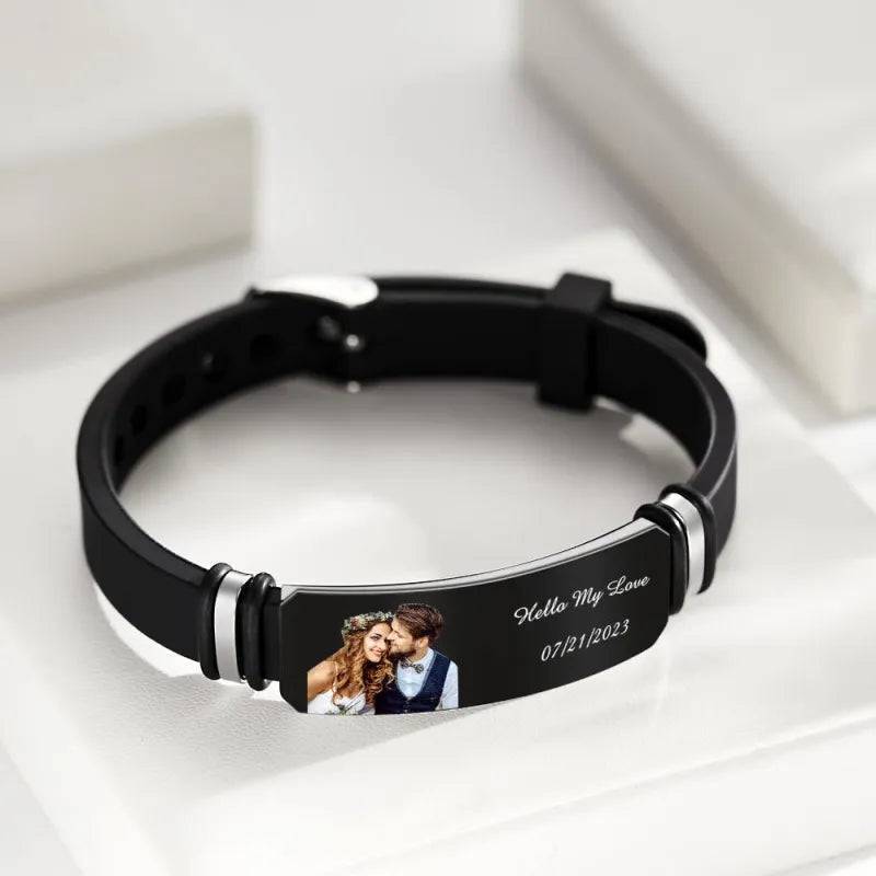 Custom Photo Engraved Bracelet - Wedding Gift For Anniversary Or Newly Married Couple Personalized Bracelet