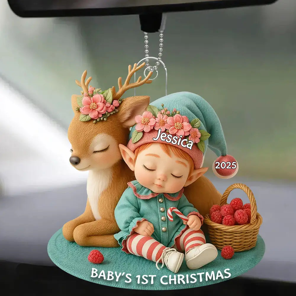 Acrylic Ornament – “Baby’s 1st Christmas” Deer-&-Elf Keepsake