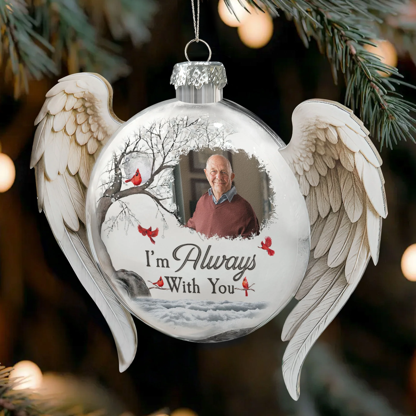 Custom Acrylic Flat Ball Ornament with Photo & Cardinals – I Am Always With You Memorial Christmas Gift for Remembering a Loved One