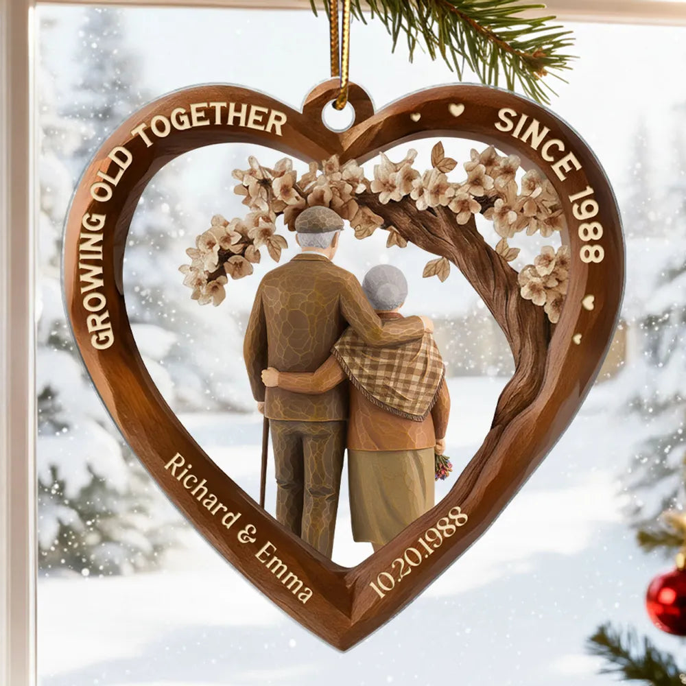Personalized Heart Acrylic Ornament with Couple Hugging Under Blossoms, Unique Anniversary Gift for Husband or Wife