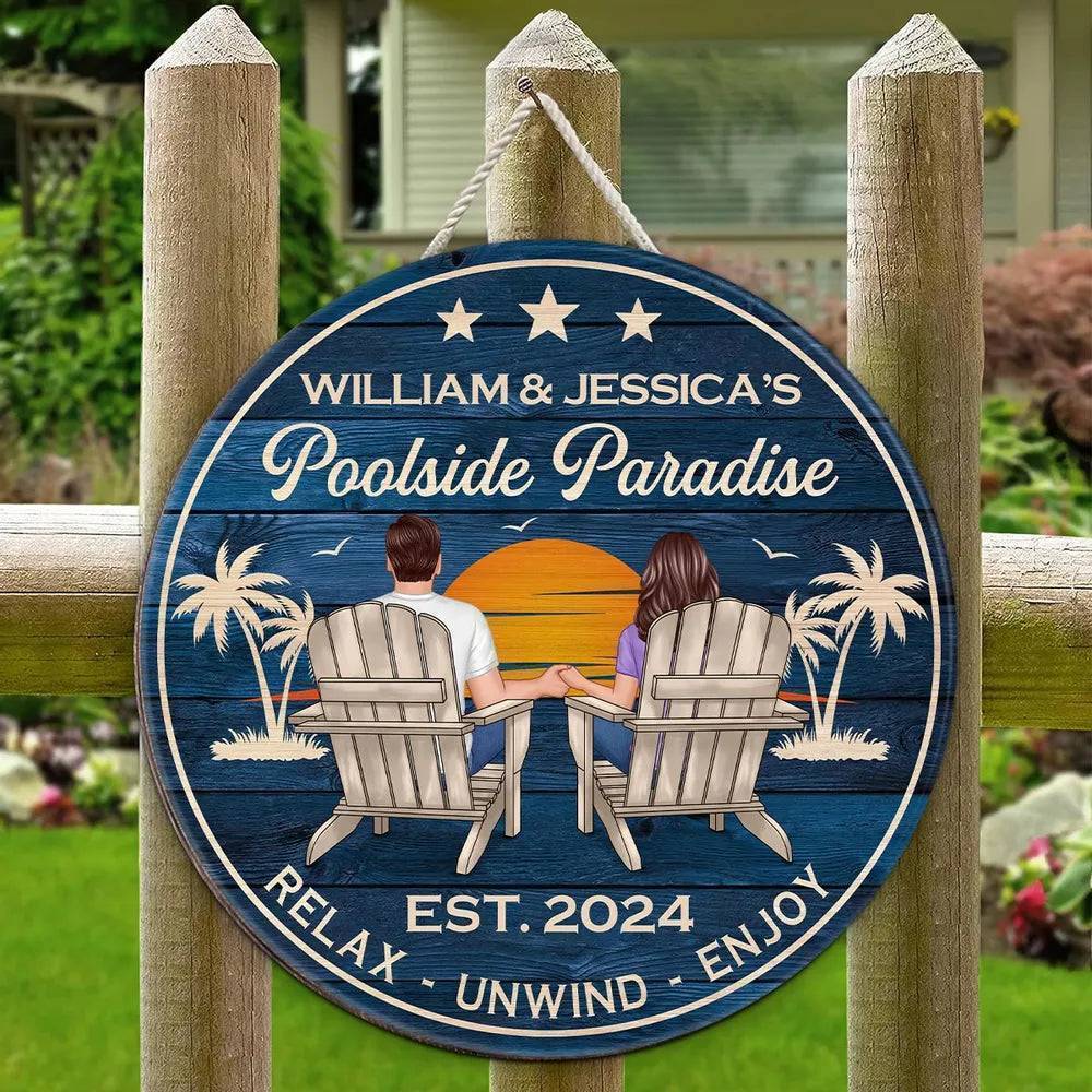 Relaxing Poolside Paradise Decor with Optional Flag Background Couple Sitting Personalized Sign, Flag, Vase - Perfect for Garden, Housewarming, Birthday, Anniversary Gift for Him, Her