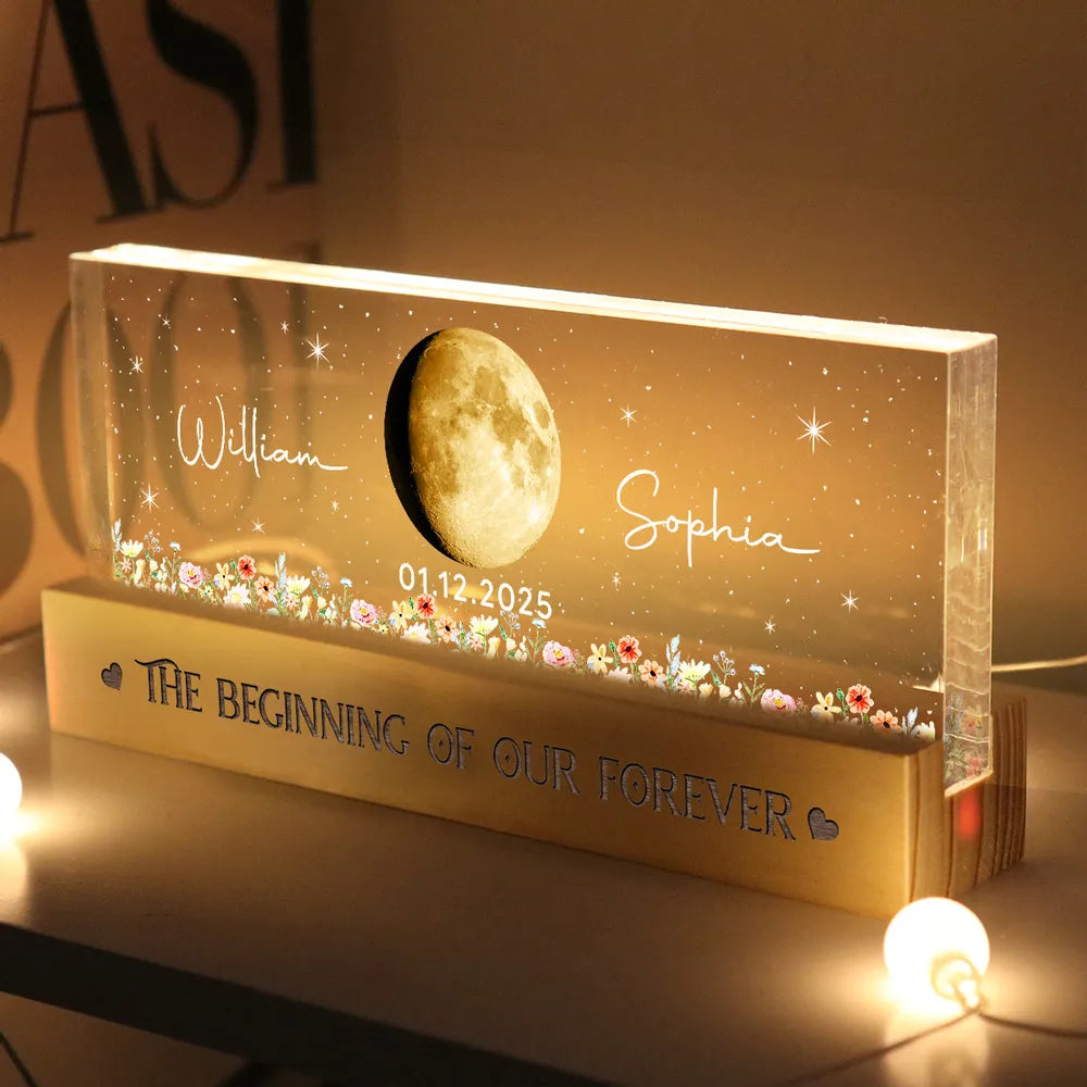 Personalized Moon Phase Block LED Light Plaque With Floral Stars, Romantic Bedside Decor, Unique Couple Gift