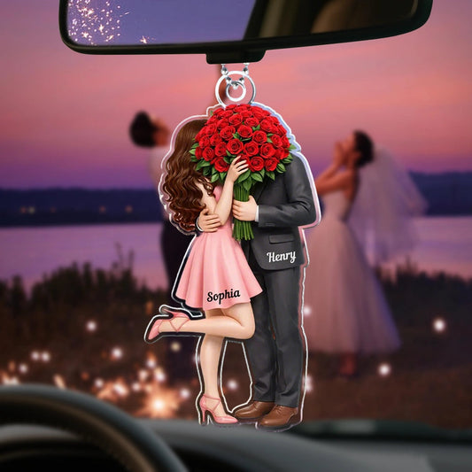 Personalized Acrylic Car Hanger Elegant Couple Hugging with Red Roses, Romantic Rearview Mirror Decor, Unique Gift for Couples