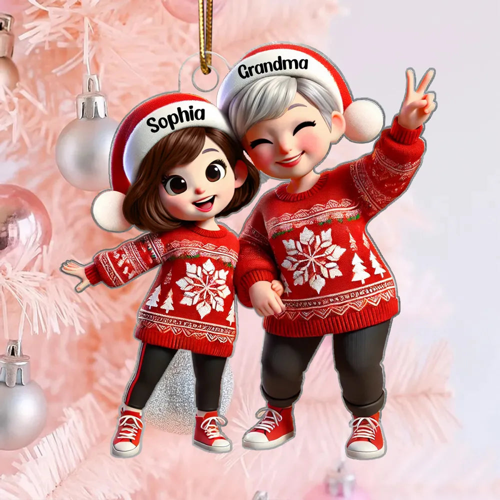 Acrylic Ornament with Grandma & Grandchild Christmas Theme, Festive Red Sweater Design, Perfect Family Gift Keepsake