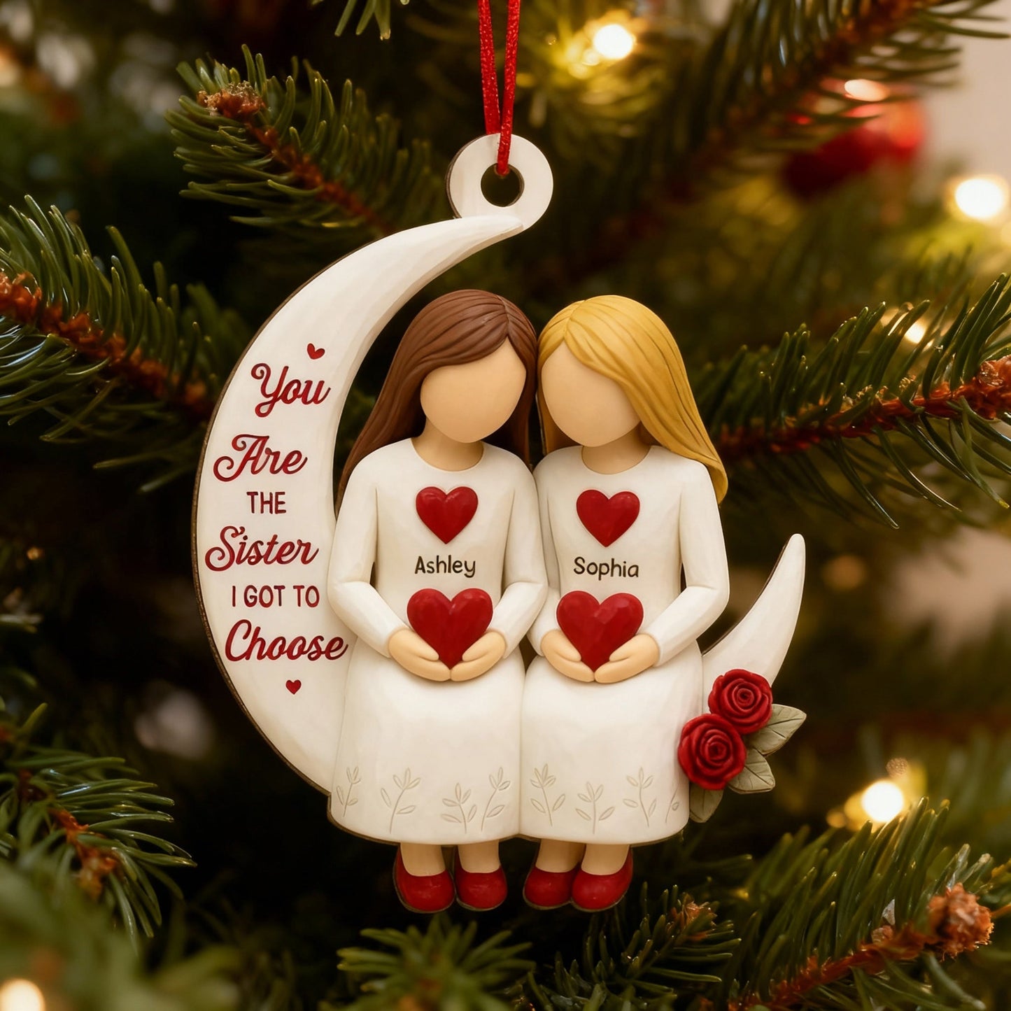 Wooden Ornament, Chosen Sister Friendship Design for Christmas Tree, crescent moon hearts, a unique gift for Best Friend