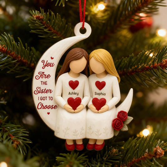 Wooden Ornament, Chosen Sister Friendship Design for Christmas Tree, crescent moon hearts, a unique gift for Best Friend