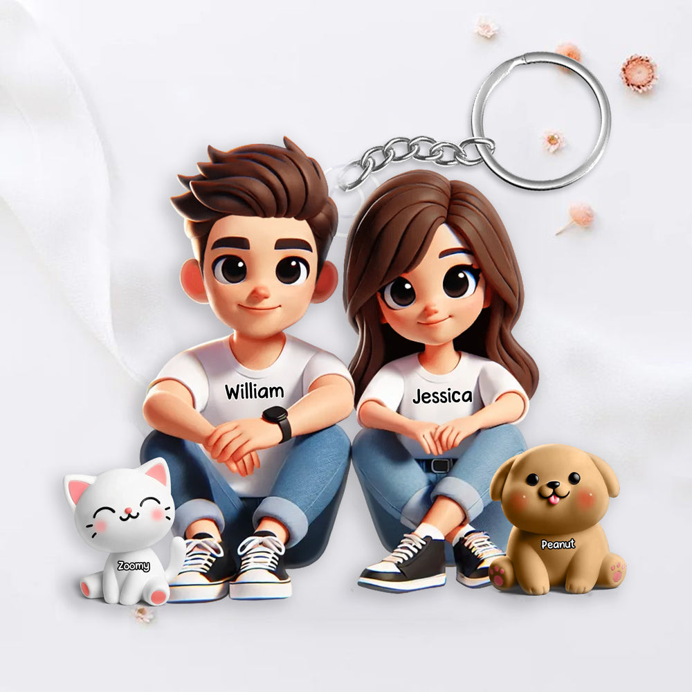 Personalized Acrylic Keychain – Cute Couple Cartoon Keychain with Names and Pet, Perfect Gift for Couples, Custom Love Keepsake for Family and Relationship Celebrations