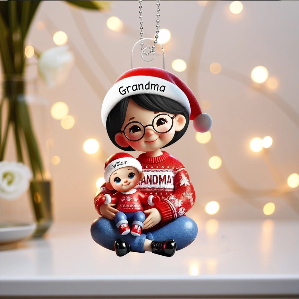Acrylic Ornament with Grandma & Grandkid Hug Scene, Heartwarming Holiday Décor and Perfect Gift for Family
