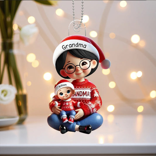 Acrylic Ornament with Grandma & Grandkid Hug Scene, Heartwarming Holiday Décor and Perfect Gift for Family