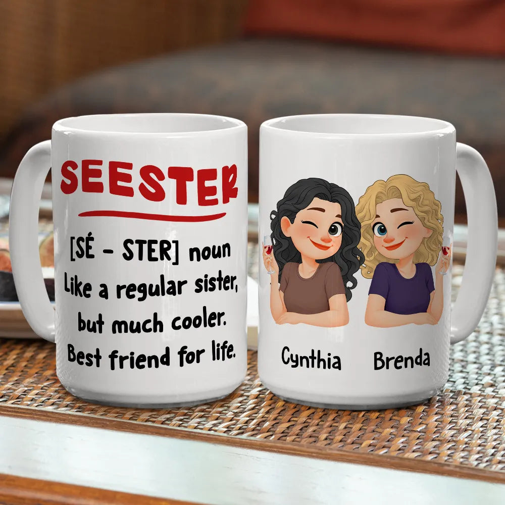 Personalized Seester Squad Ceramic Mug with Cute Cartoon Besties - Unique Coworker or Best Friend Gift