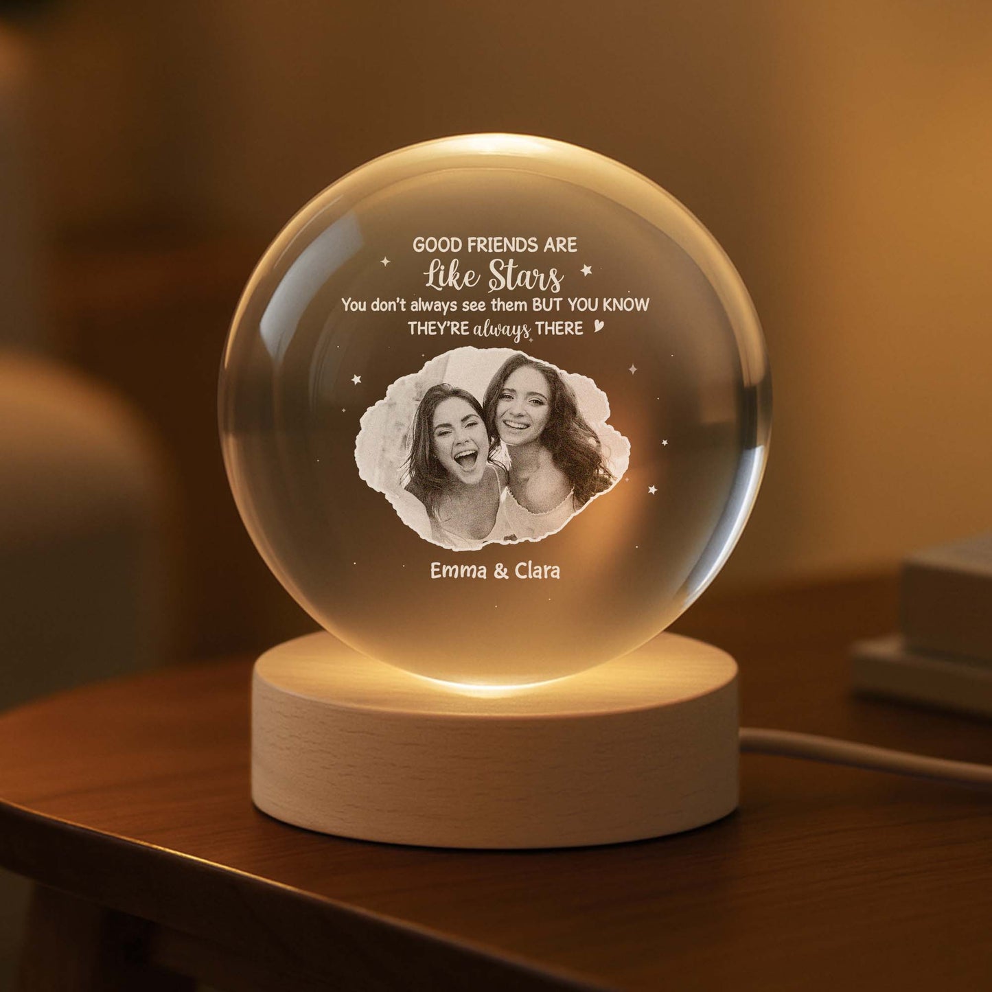 Personalized Crystal Globe Lamp with Photo – “Good Friends Are Like Stars” Meaningful Night Light Gift for Best Friends