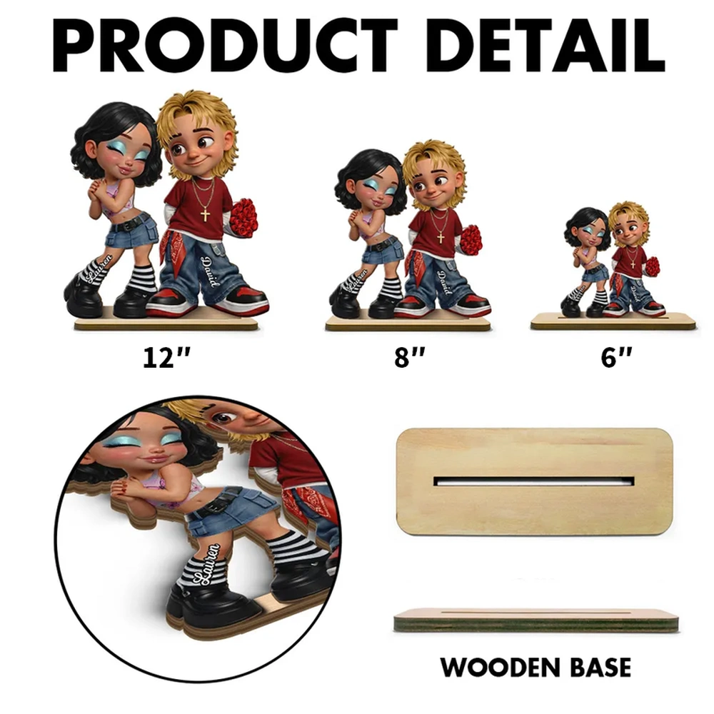 Personalized 2-Layer Wooden Plaque Y2K Style Couple Holding Roses, Unique Gift for Him or Her, Sweet Romantic Desk Decor