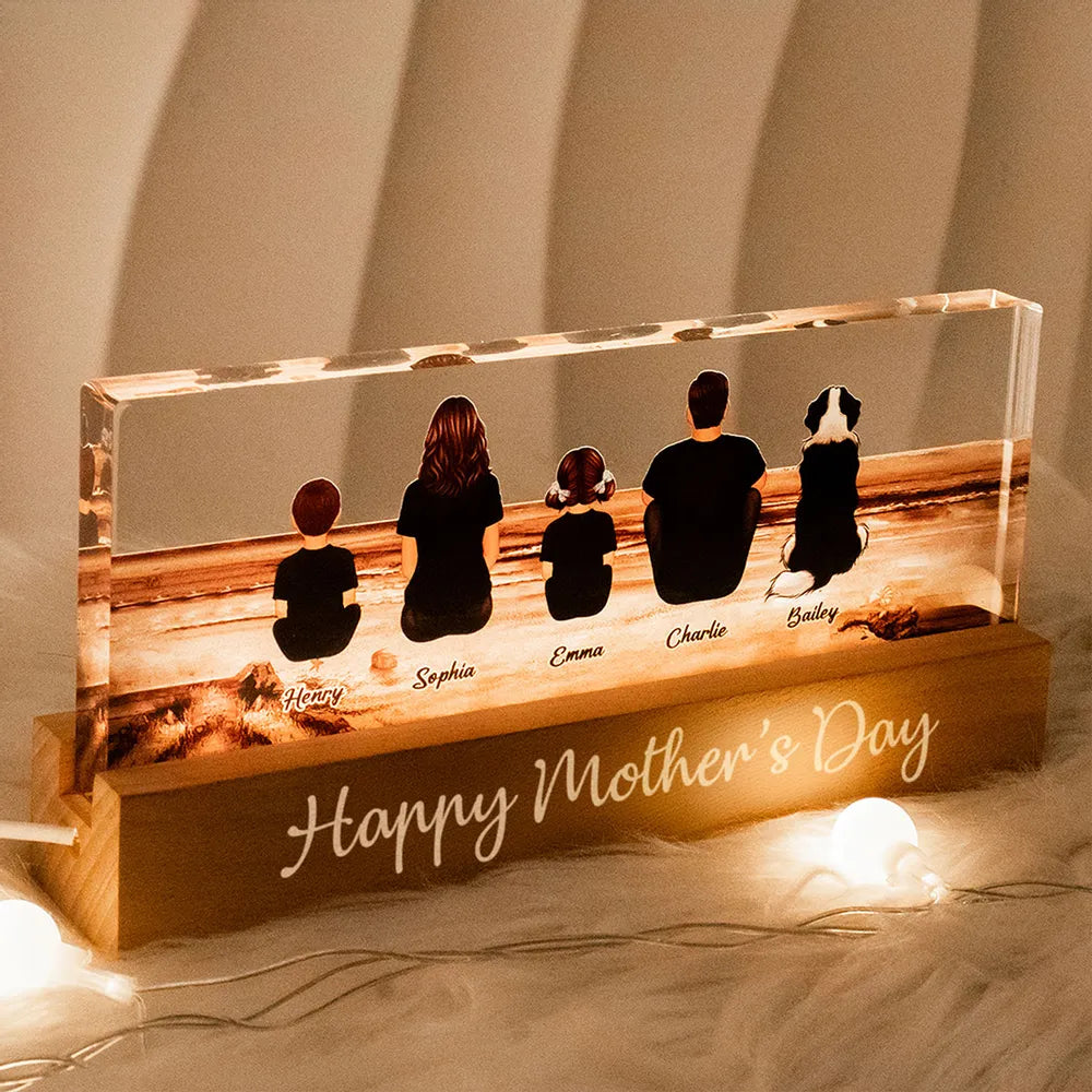Family Sitting Back View Retro Vintage Beach Landscape Block LED Light Plaque, Mother's Day Gift Featuring Children and Pets