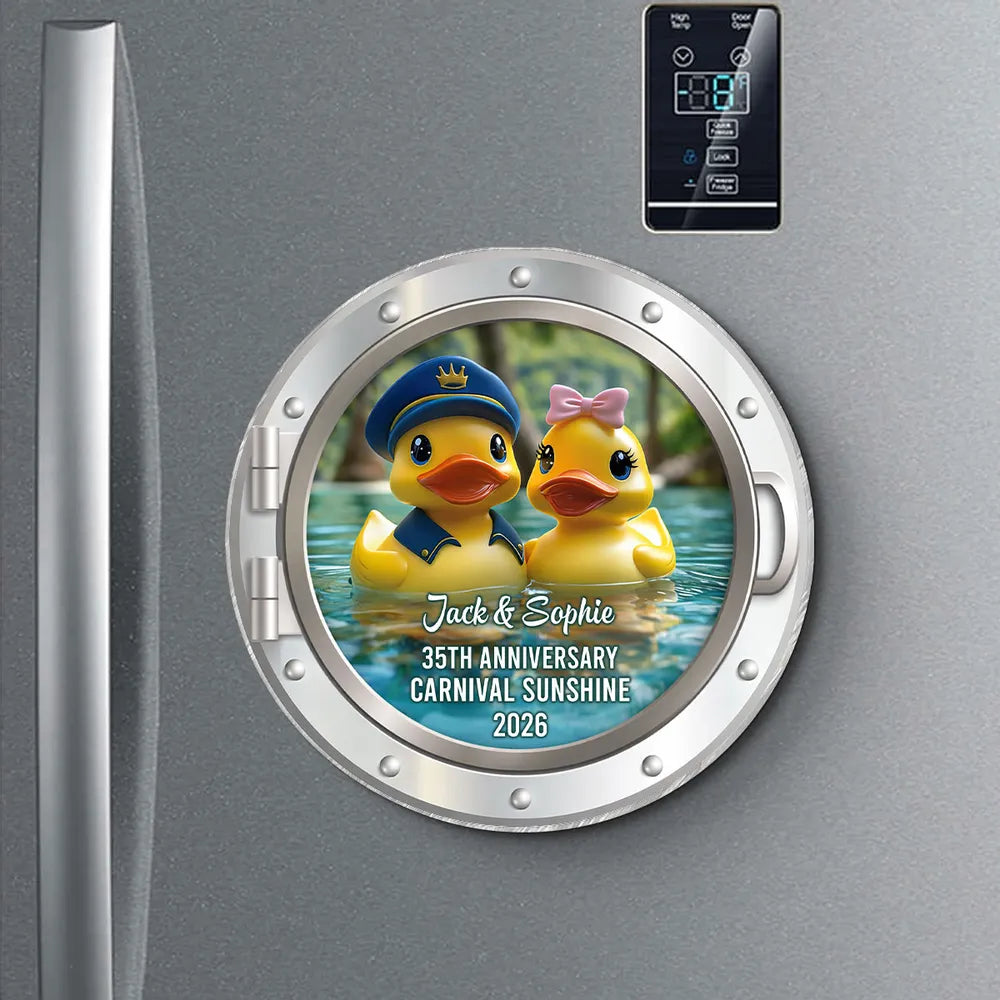 Romantic Personalized Acrylic Magnet of a Rubber Duck Couple on the Water, Sweet Anniversary Cruise Keepsake Gift