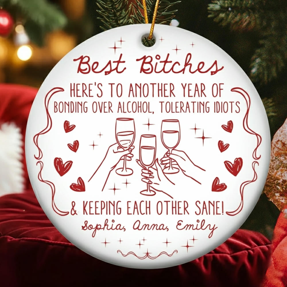 Ceramic Ornament Funny BFF Cheers Line Art in Red, Christmas Tree Decor, clinking glasses, unique gift for Best Friends