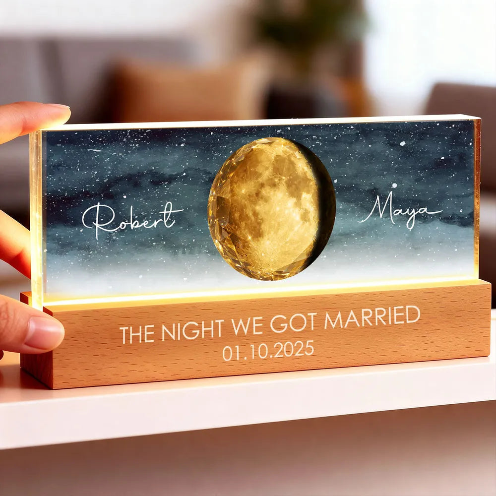 Personalized Moon Phase Block LED Light Plaque for Couple - Starry Night Bedside Decor, Unique Anniversary Gift