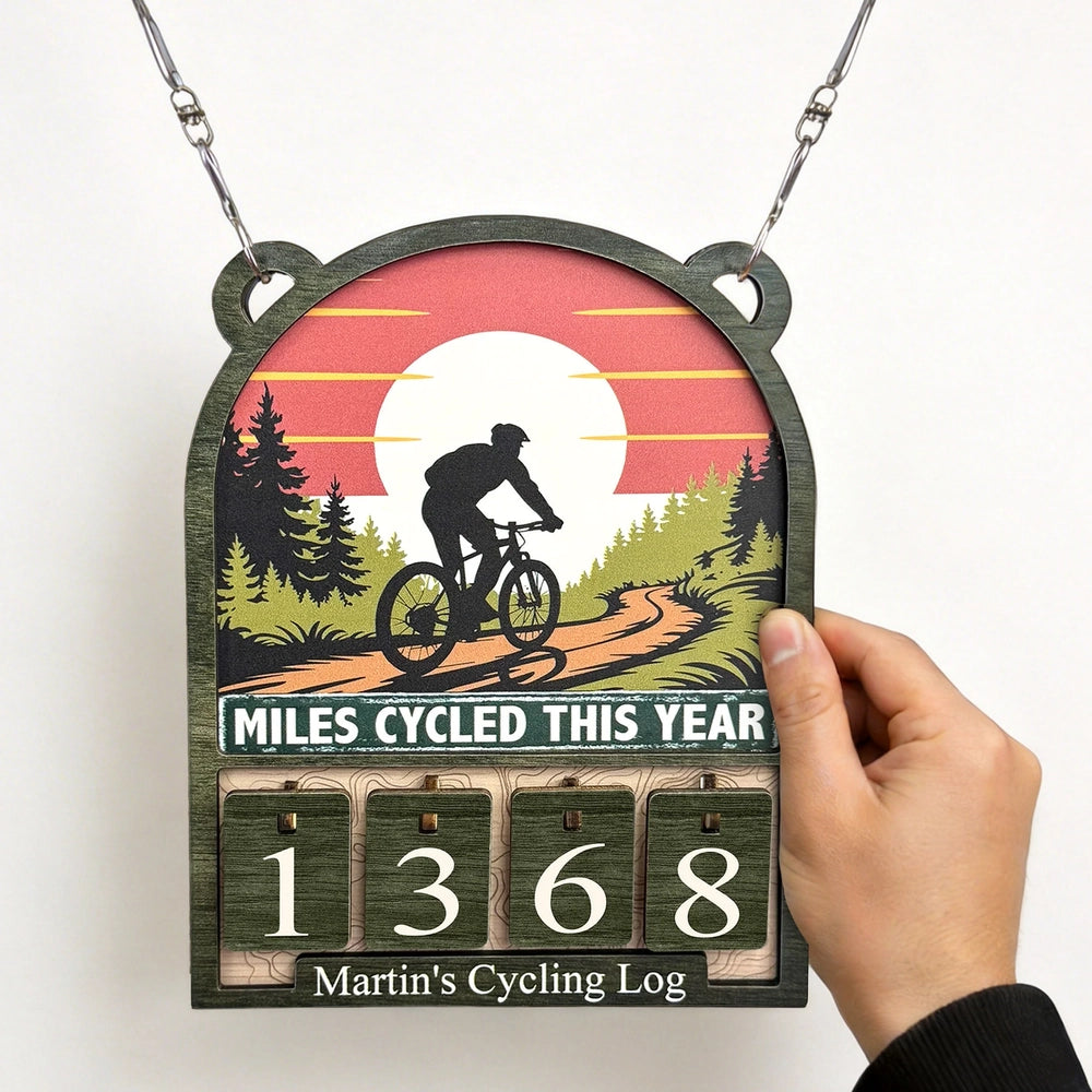 Personalized Wooden Hanging Tracker for Cyclists, Miles Cycled This Year Sign, Unique Gift for Bike Lovers