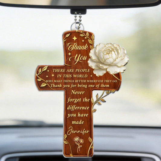 Acrylic Car Hanger Gratitude Cross With Flowers, Personalized Thank You Keepsake, Unique Appreciation Gift