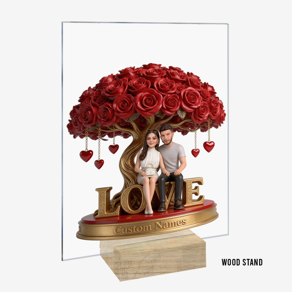 Custom Lesbian Couple Figurine Statue under Red Rose Tree, Engraved Name, Romantic Same Sex LGBT Anniversary Wedding Gift Home Decor