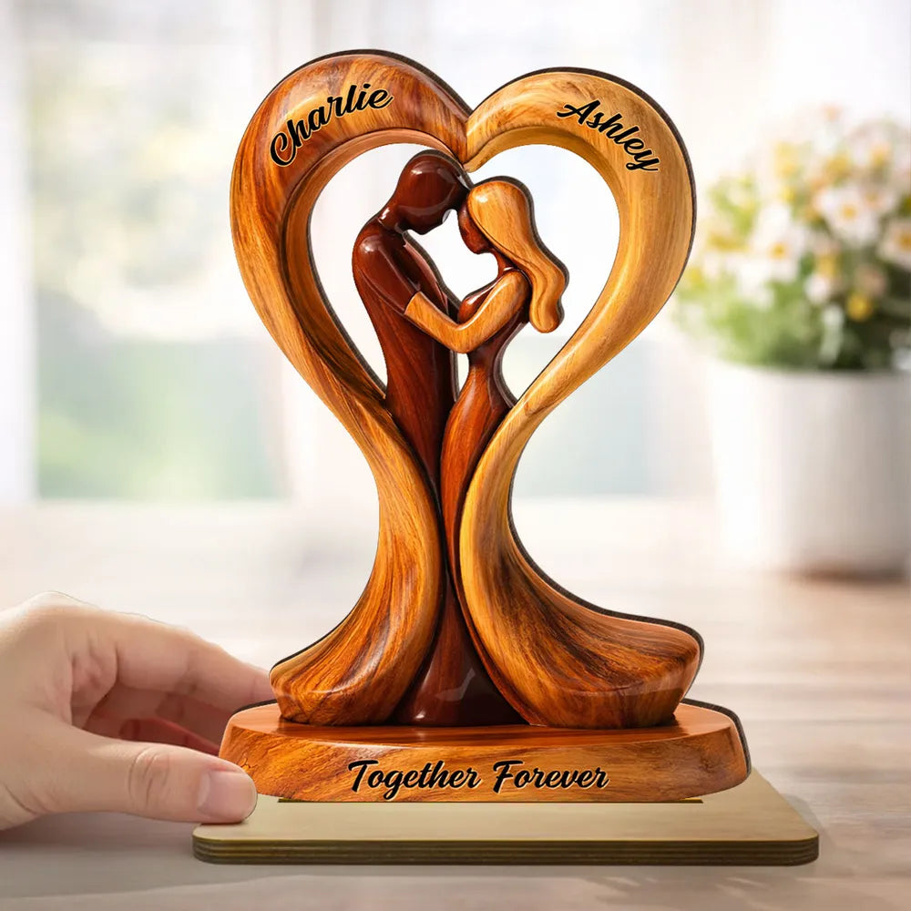 Personalized 2-Layer Wooden Plaque Heart Couple Hugging Together Forever Unique Anniversary Gift for Husband or Wife