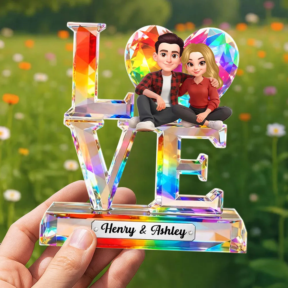 Personalized Shaped Acrylic Block Plaque LOVE with Heart & Cute Couple Sitting - Unique Valentine's Gift for Him or Her