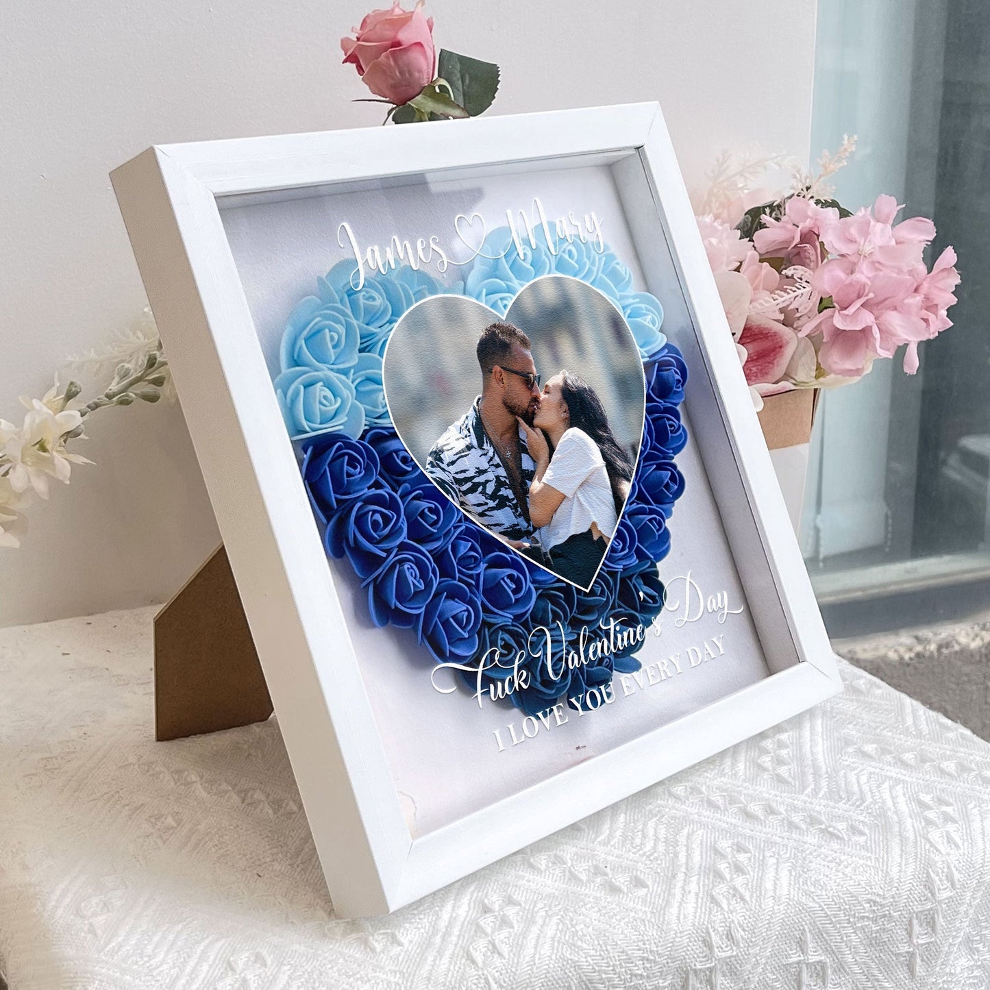 Personalized Flower Shadow Box with Heart Photo for Kissing Couple Romantic Home Display Unique Gift for Wife or Husband
