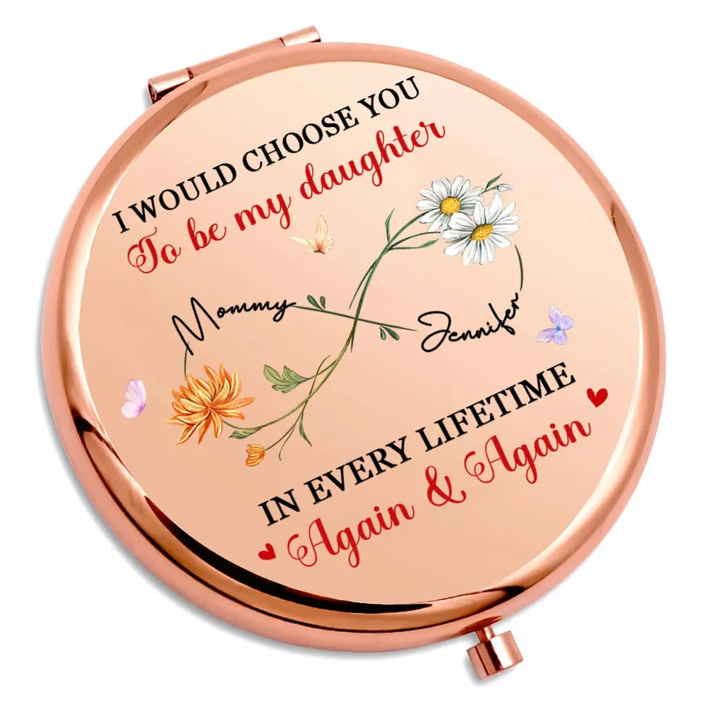 Personalized Metal Compact Mirror with Mother Daughter Quote and Floral Butterflies - Unique Gift for Daughter