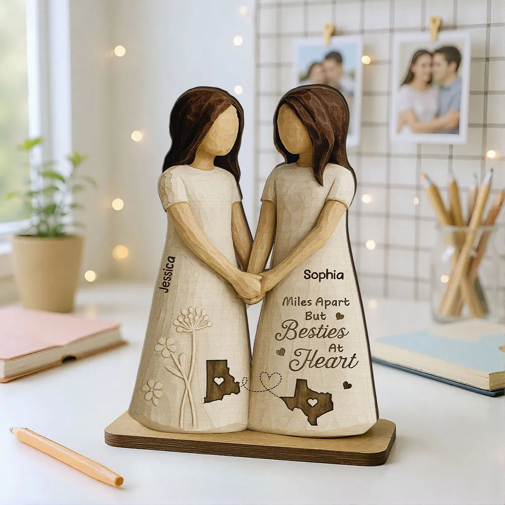 Personalized Wooden Plaque Besties At Heart Long-Distance Friends Holding Hands Rustic Shelf Decor Unique Gift