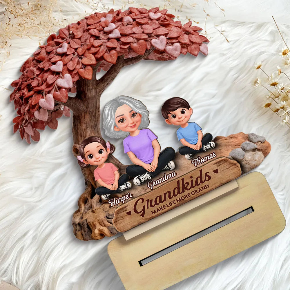 Personalized 2-Layer Wooden Plaque Grandma With Grandkids Under Heart Tree - Unique Family Keepsake Gift