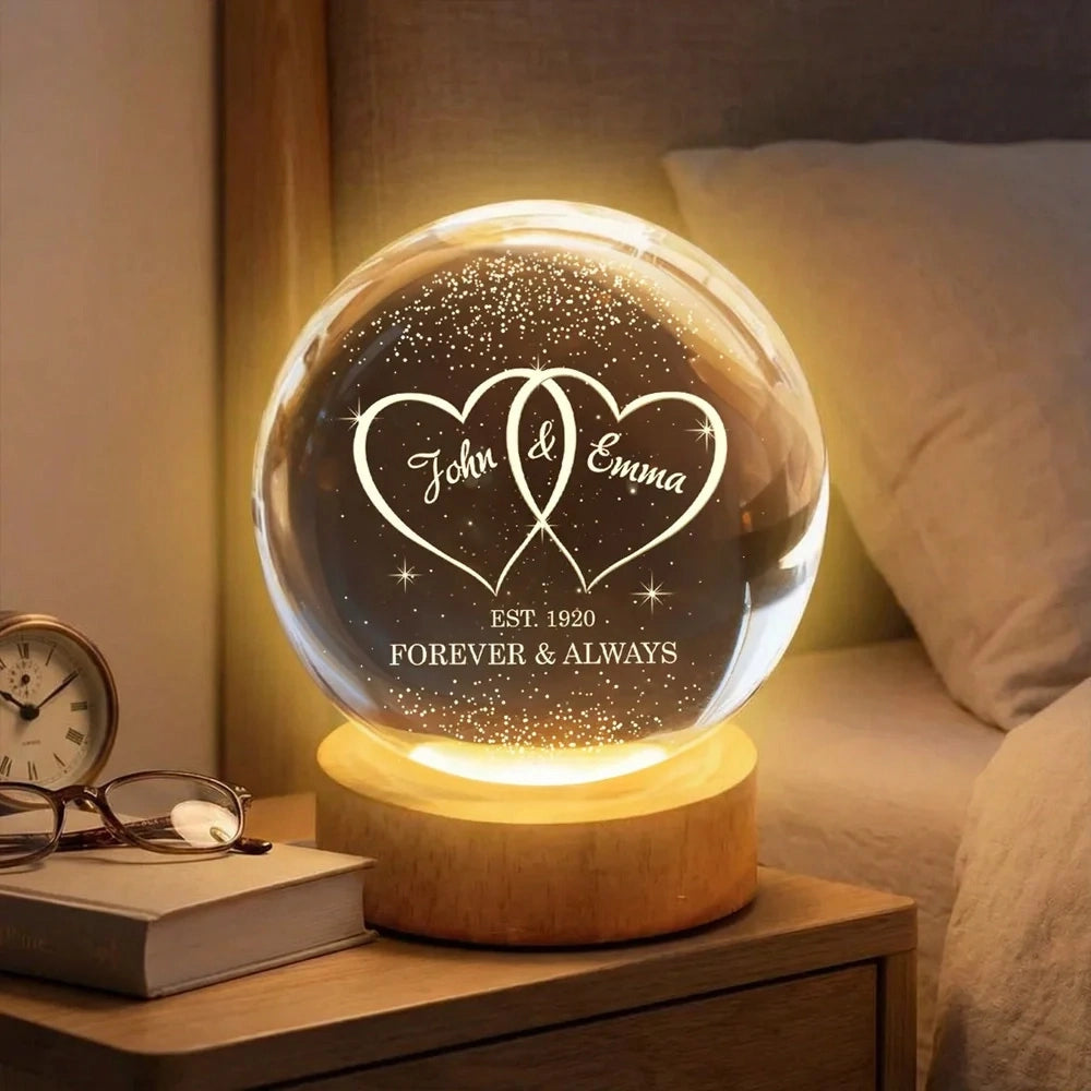 Personalized Globe Lamp with Interlocked Hearts, Romantic Bedside Glow, Unique Couple Gift for Her or Him
