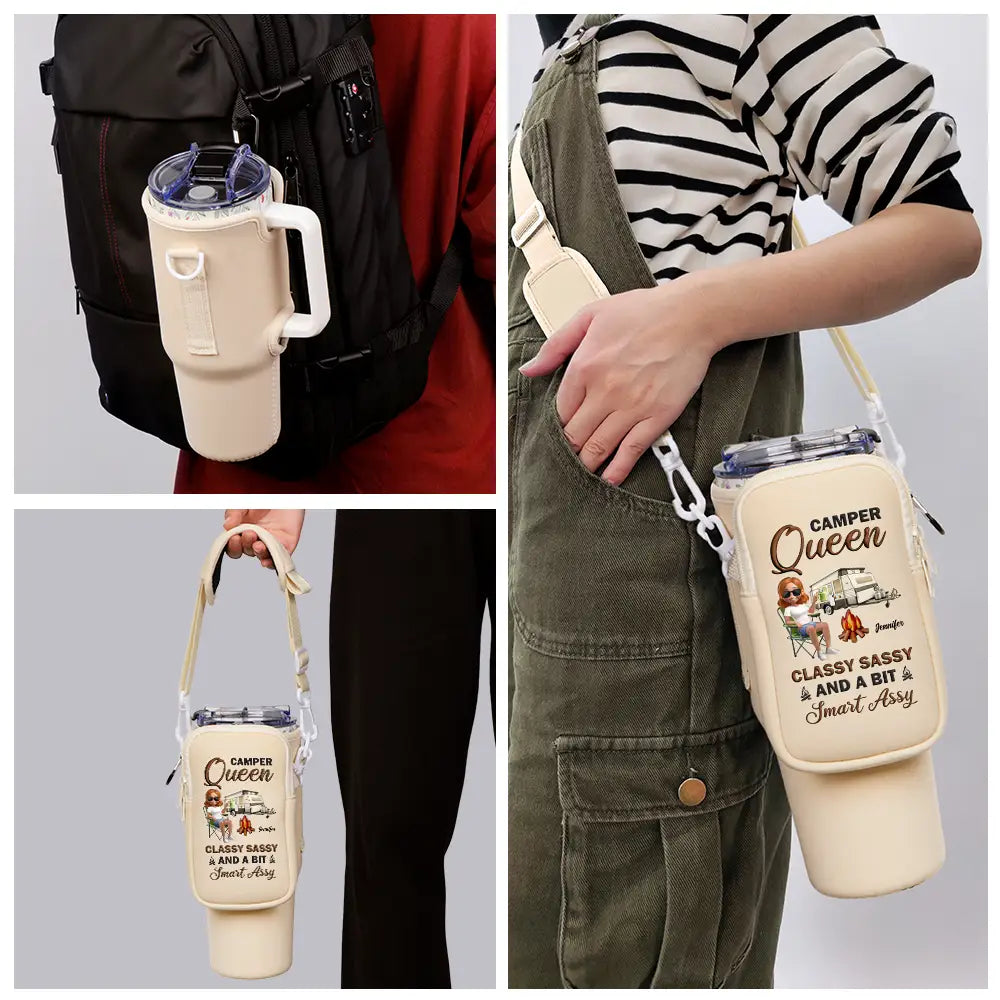 Water Bottle Carrier Bag – CAMPER Queen, “Classy Sassy and a Bit Smart Assy” Gift for Self, Girlfriend, or Daughter