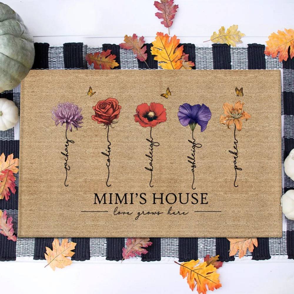 Grandma‘s Garden Love Grows Here Vintage Birth Flowers Swirl Name Personalized Doormat, Mother's Day Gift, Gift For Her, Mom, Grandma