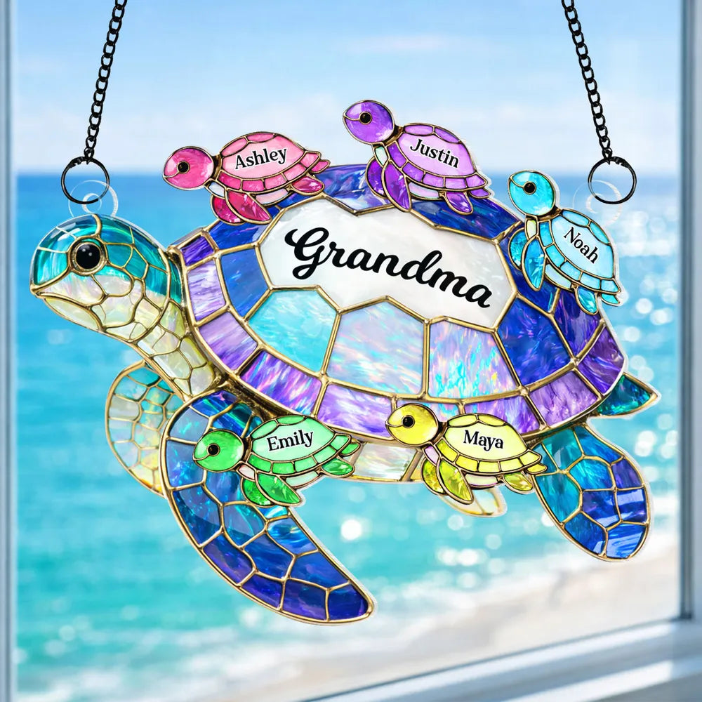 Personalized Sea Turtle Grandma Acrylic Suncatcher Ornament, Colorful Sunlight Reflection Window Decor, Unique Gift for Grandma