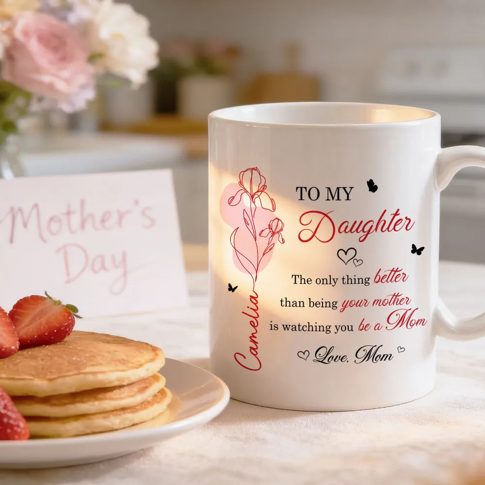 Personalized Ceramic Mug with Heartfelt Daughter Quote and Floral Line Art, Unique Mother's Day Gift from Mom