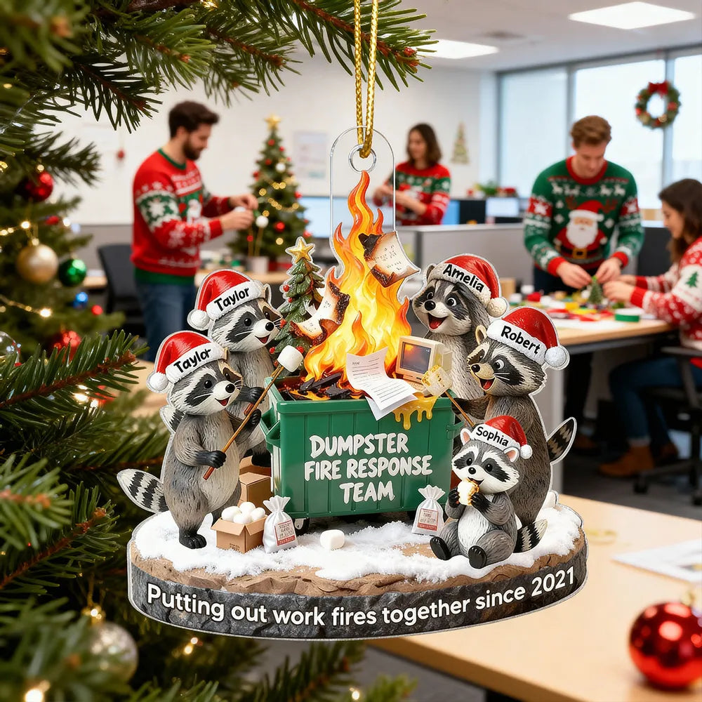Funny Dumpster Fire Raccoon Acrylic Ornament for Work Besties – Personalized Holiday Office Gift