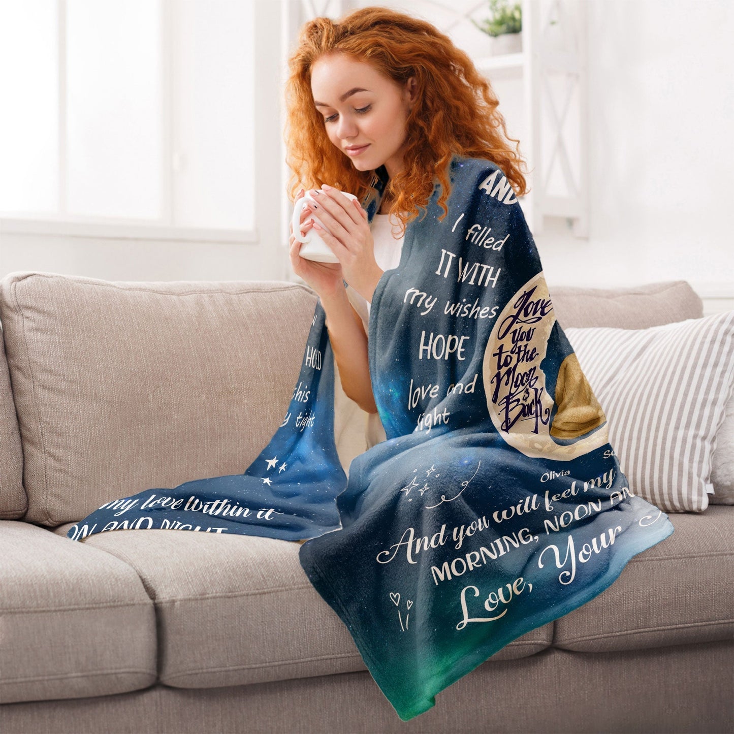 Granddaughter Blanket - Galaxy Moon & Stars, grandma & child sitting, I love you to the moon and back - unique gift