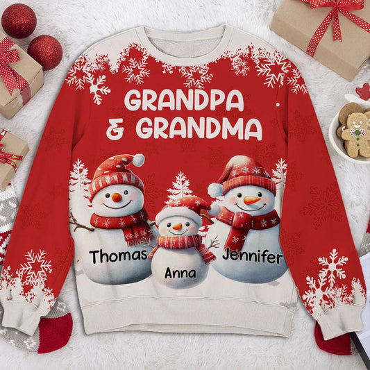 Personalized Printed Sweatshirt for Grandma and Grandpa with Cute Snowman Family Art, Cozy Christmas Keepsake & Unique Grandparent Gift