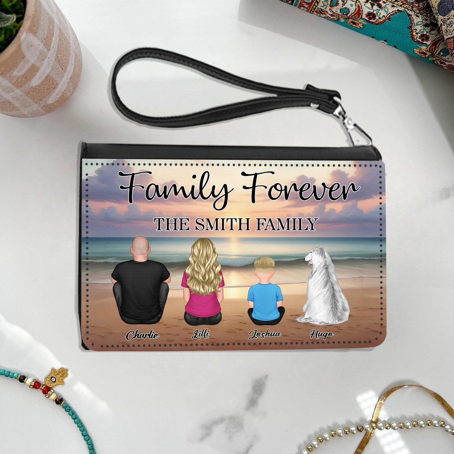 Family Forever Beach Design - Personalized Men's Wallet, Wooden Carhanger, LED Plaque, Keychain, Poster, Wallet Card, and Pillow, Unique Gift