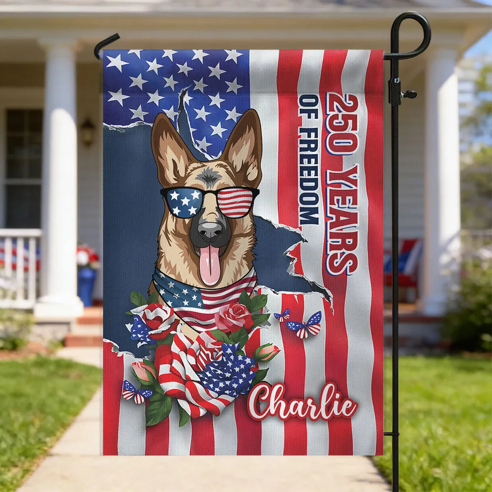 Personalized Patriotic Dog Garden Flag, 250 Years of Freedom Yard Decor, Unique Gift for Dog Lovers