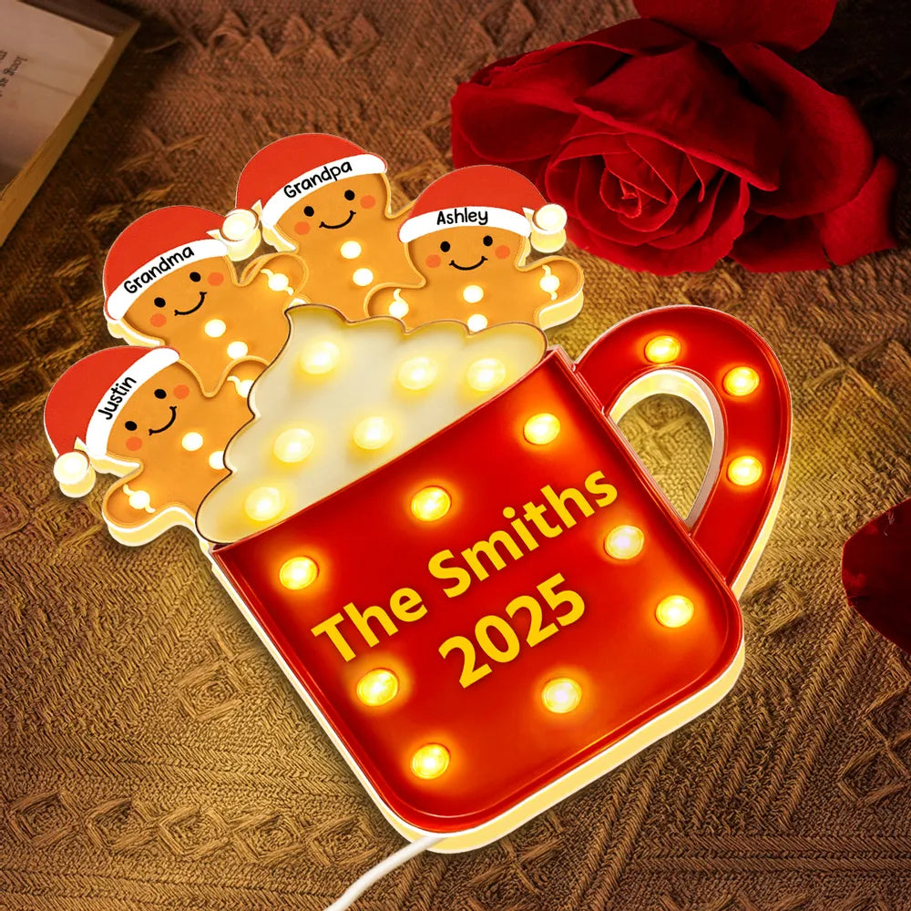 Acrylic Light Box Gingerbread Mug with Santa Hats, Cozy Christmas Glow, Custom Design, Unique Family Gift