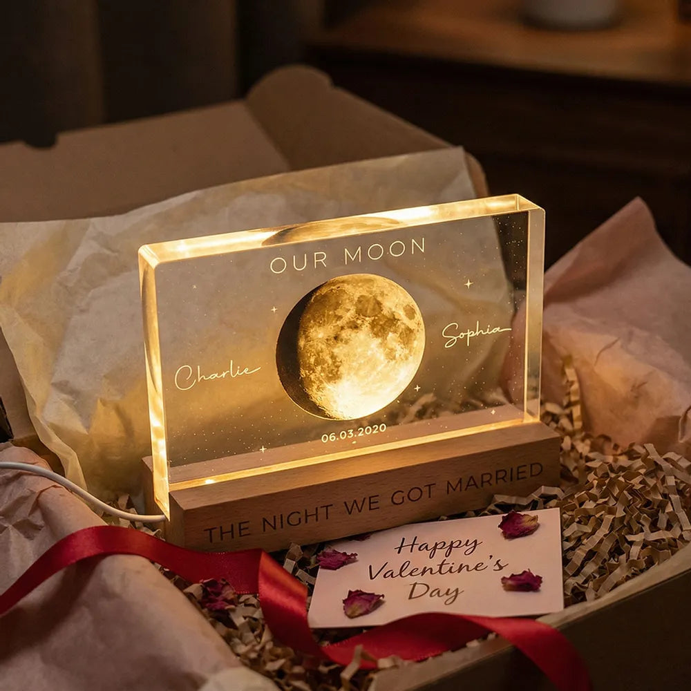 Personalized Moon Phase Block LED Light Plaque, Our Moon Night Light for Bedside Decor, Unique Gift for Couple
