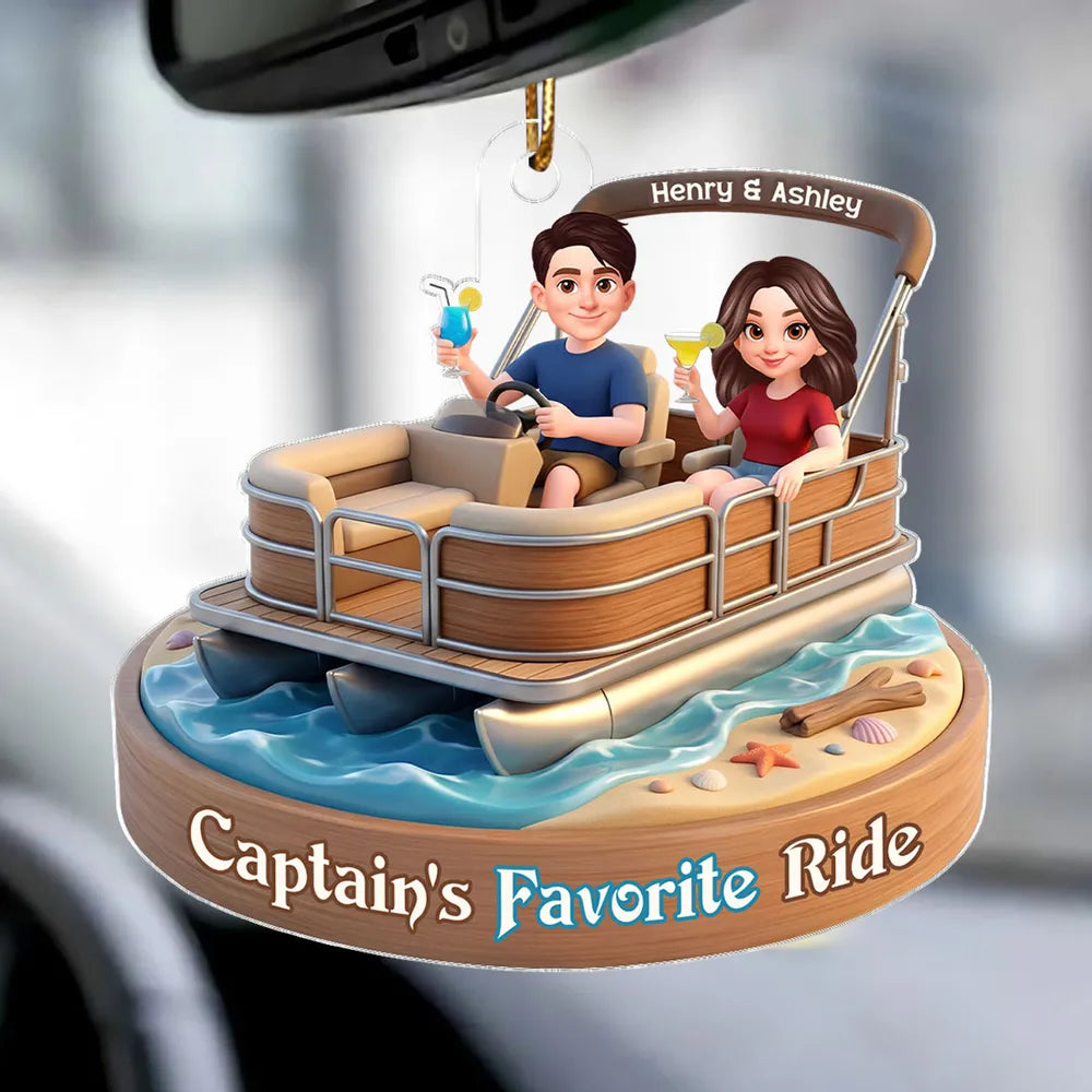 Acrylic Car Hanger Personalized Captain's Favorite Ride with Smiling Boat Couple, Cute Car Mirror Decor Gift for Couples