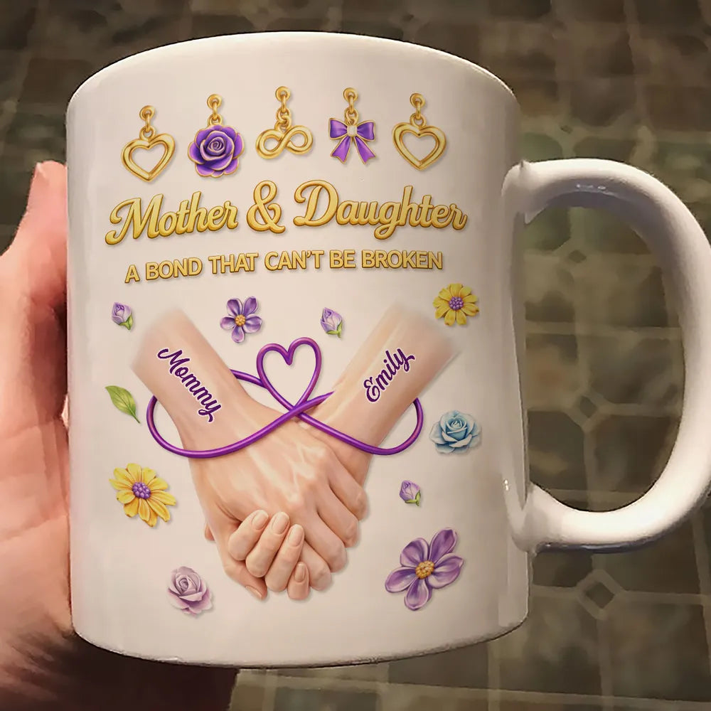 Personalized Mother & Daughter Ceramic Mug with Handholding Art, A Bond That Can't Be Broken, Unique Gift for Mom