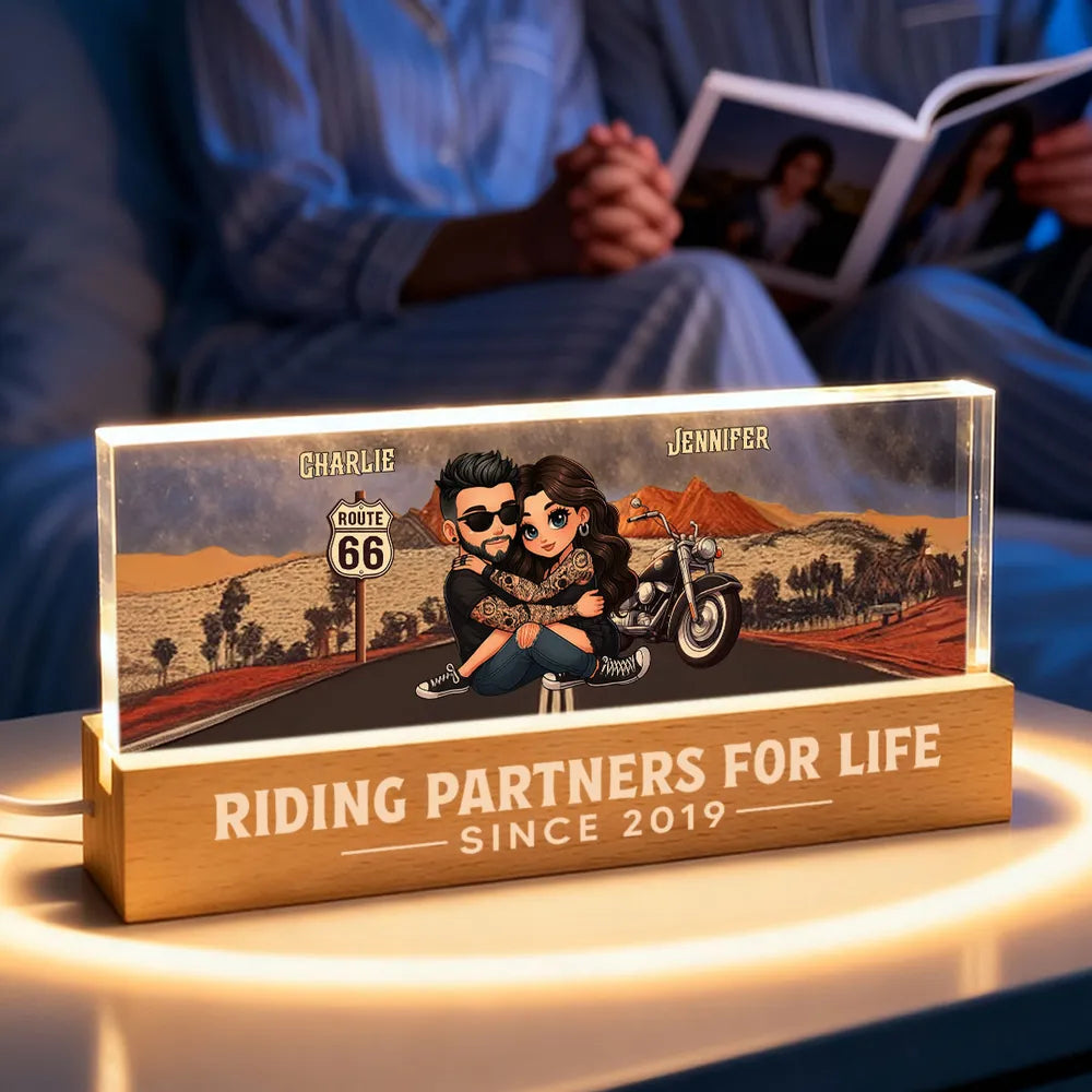 Personalized Block LED Light Plaque for Biker Couple Hugging by Route 66 Sunset Unique Romantic Gift for Him or Her