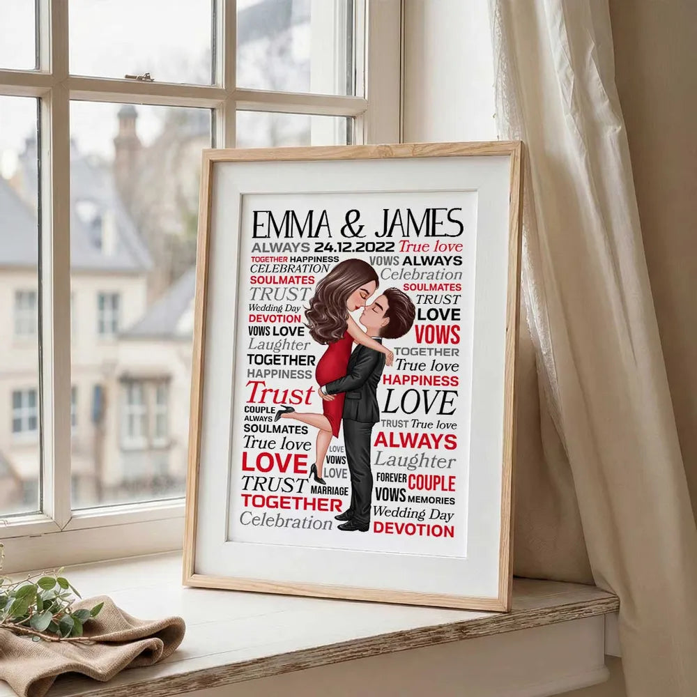 Personalized Couple Word Art Poster Romantic Hugging Kissing Wall Decor Unique Creative Gift For Wife Or Husband