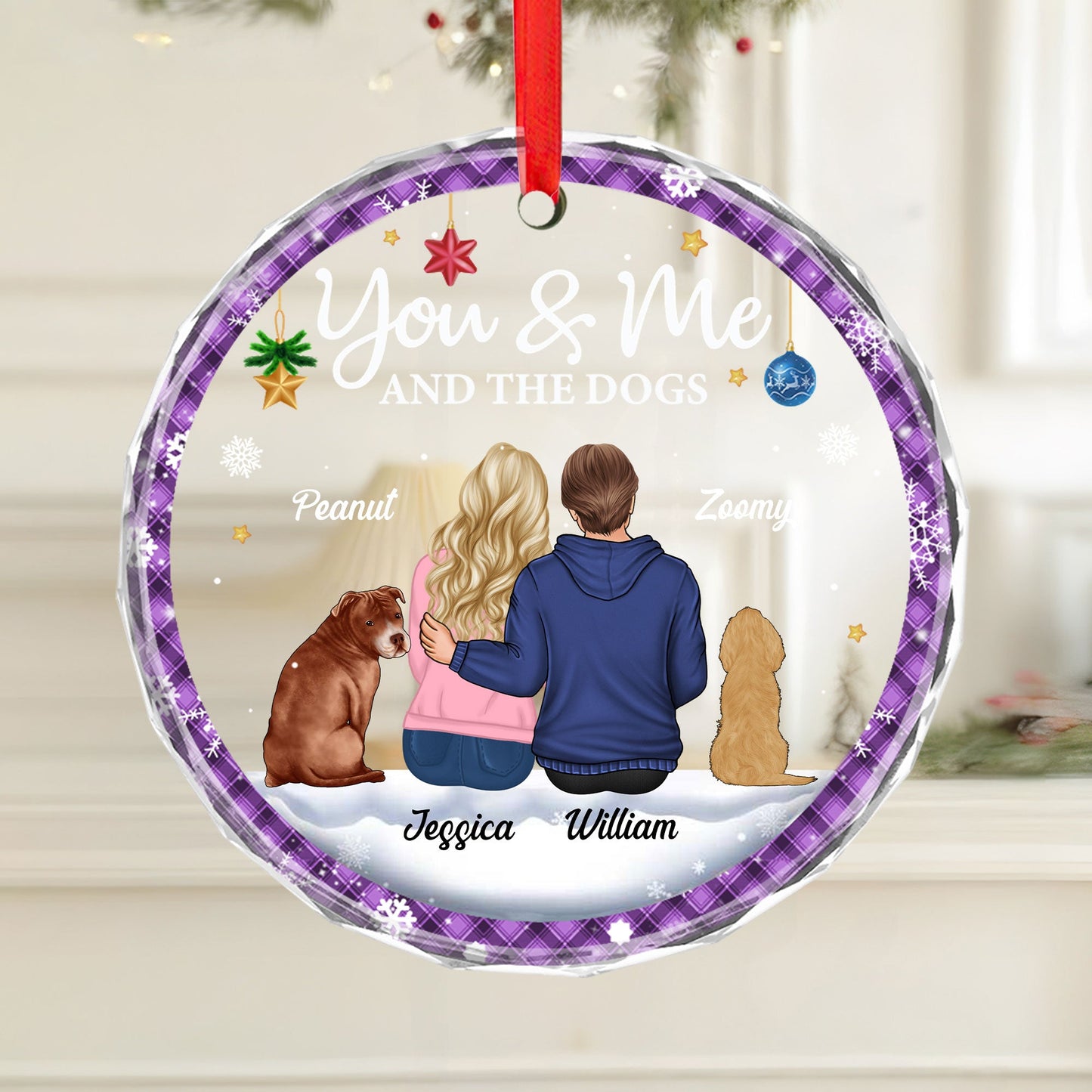 Personalized Christmas Ornament - "You & Me & The Dogs" Crystal Circle Design