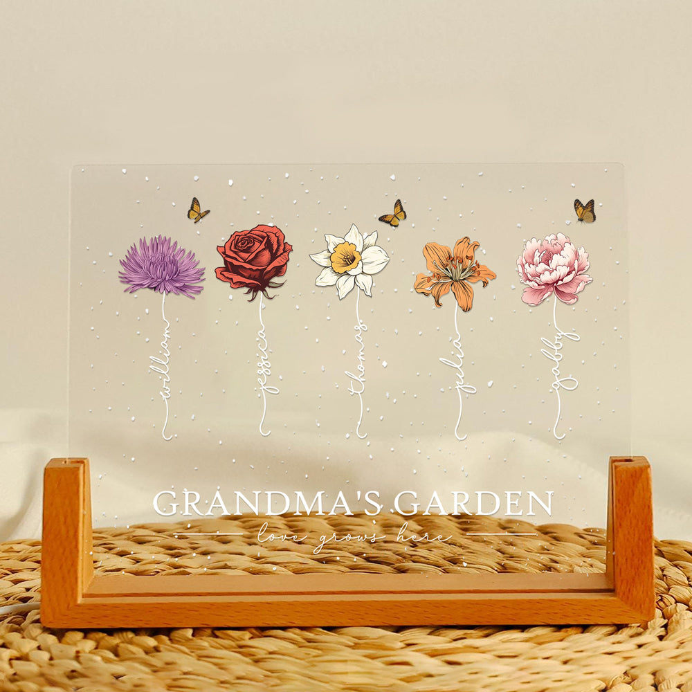 Custom LED Frame Poster - Birth Month Flower Art with Grandkids' Names