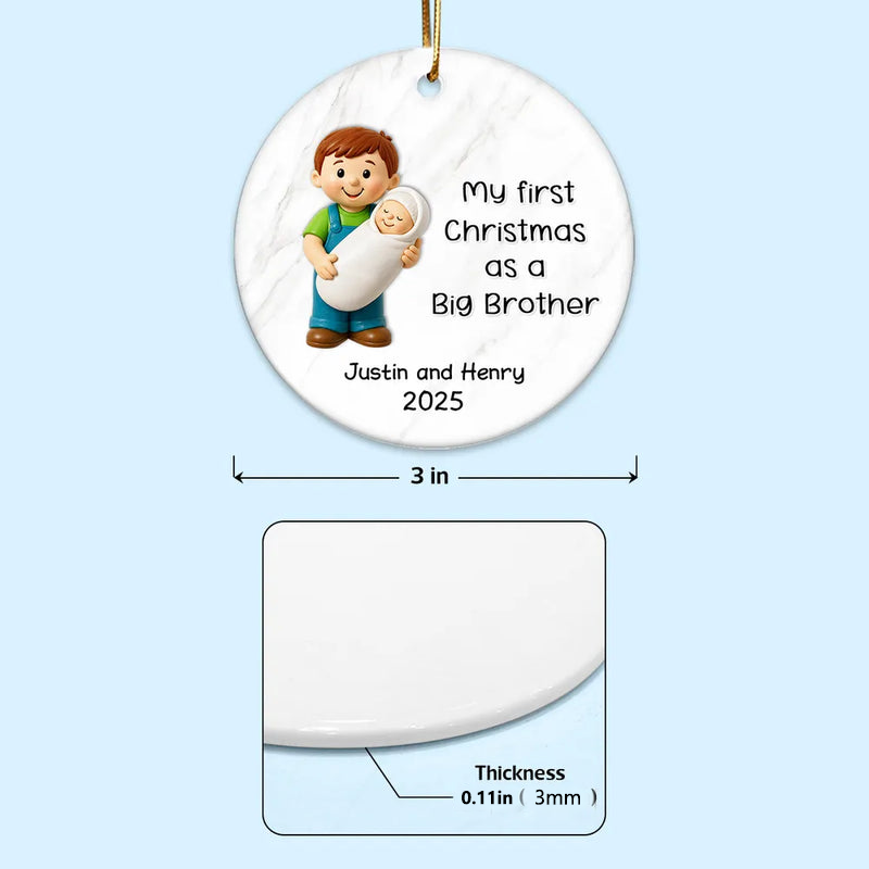 Personalized Big Brother Big Sister Ceramic Ornament celebrating first Christmas as a sibling, round ceramic holiday décor gift
