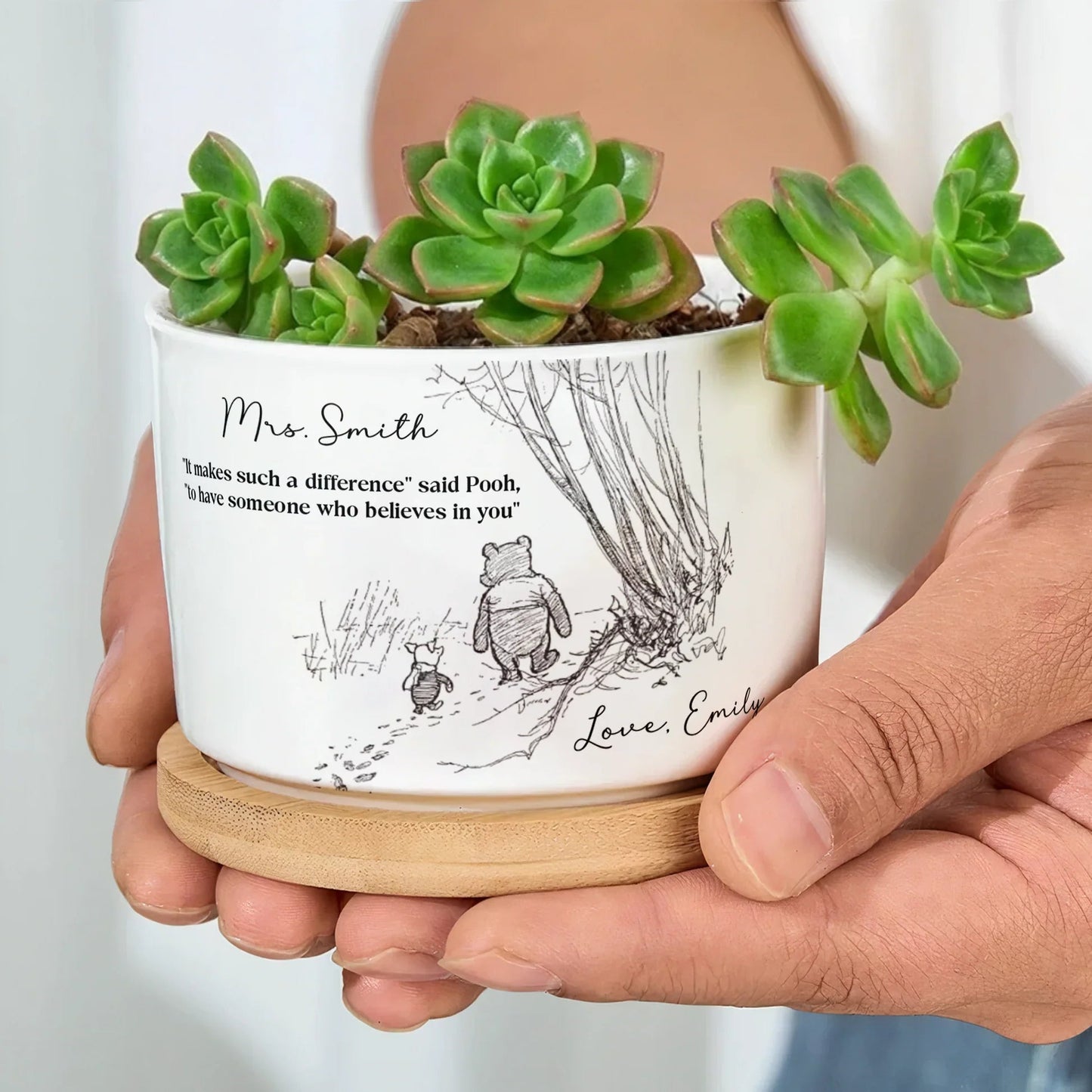 Personalized Ceramic Planter with Tray for Teacher Appreciation, Succulent Display, Unique Thank You Gift