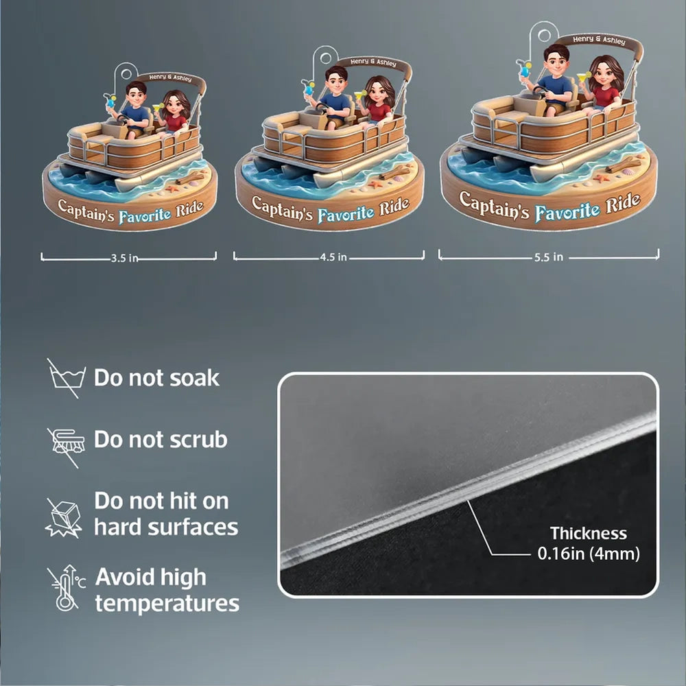 Acrylic Car Hanger Personalized Captain's Favorite Ride with Smiling Boat Couple, Cute Car Mirror Decor Gift for Couples